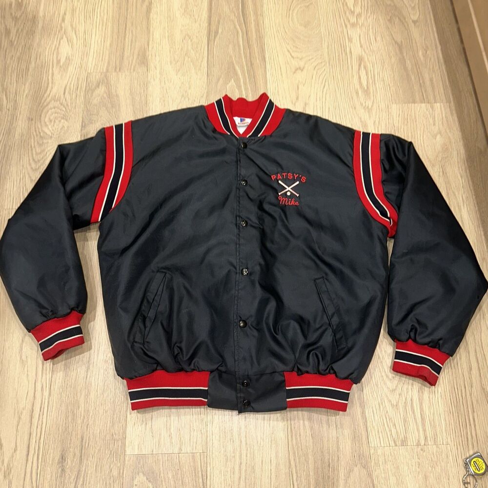 Vintage Rennoc Nylon Varsity Bomber Jacket 70s Baseball Black Red Mens XL